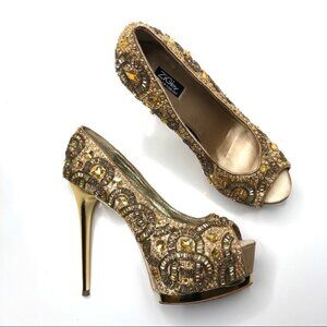 RARE ZiGiNY Black Label Romi Gold Jewel Gem Satin Sexy Peep-toe Pumps Stilettos